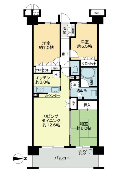 Floor plan. 3LDK, Price 39,800,000 yen, Occupied area 75.45 sq m , Balcony area 12.6 sq m