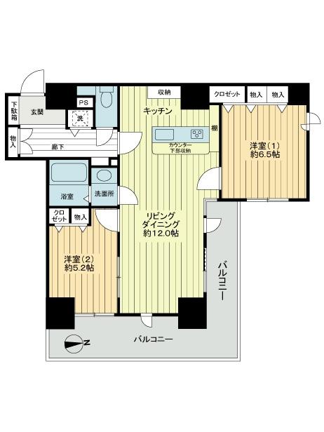 Floor plan. 2LDK, Price 31.5 million yen, Occupied area 61.62 sq m , Balcony area 14.65 sq m floor plan
