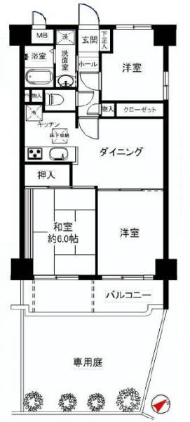 Floor plan. 3DK, Price 26,800,000 yen, Occupied area 57.14 sq m , Balcony area 8.05 sq m open feeling good with private garden!