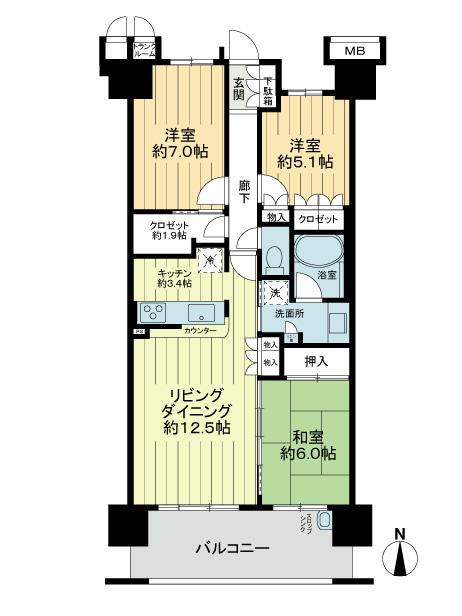 Floor plan. 3LDK, Price 38,900,000 yen, Footprint 77.5 sq m , Balcony area 12.6 sq m