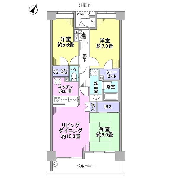Floor plan. 3LDK, Price 39,900,000 yen, Occupied area 70.12 sq m , Balcony area 9.68 sq m
