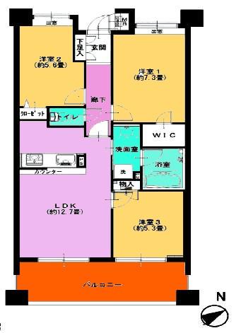 Floor plan. 3LDK, Price 34,900,000 yen, Occupied area 64.91 sq m , Balcony area 12.2 sq m