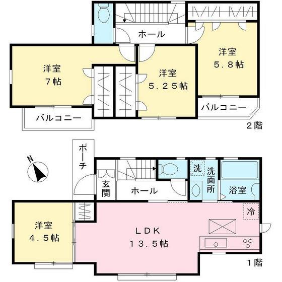 Floor plan. 53,800,000 yen, 4LDK, Land area 88.1 sq m , Building area 87.76 sq m