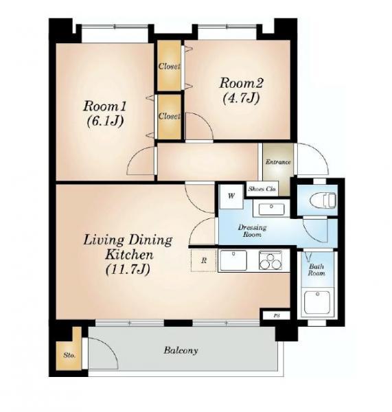 Floor plan. 2LDK, Price 17,980,000 yen, Footprint 48.1 sq m , And balcony area 5 sq m boundary of the living room is not on both sides of the closet, It has the effect of soundproof.