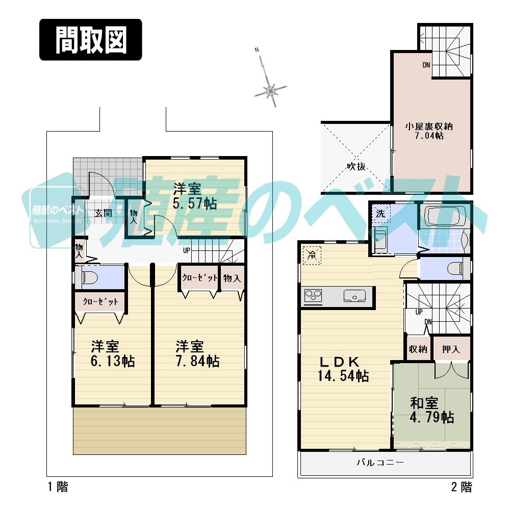 Compartment view + building plan example. Building plan example (3 compartment) 4LDK, Land price 34,350,000 yen, Land area 115 sq m , Building price 15,250,000 yen, Building area 91.9 sq m