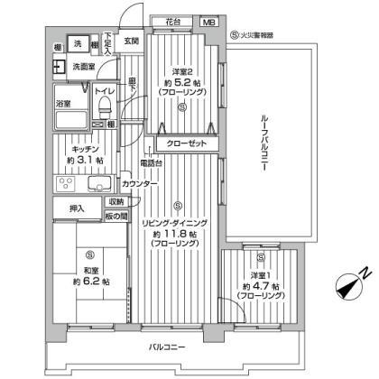 Floor plan. 3LDK, Price 26,800,000 yen, Occupied area 64.67 sq m , Balcony area 10.87 sq m roof balcony renovation Mansion!