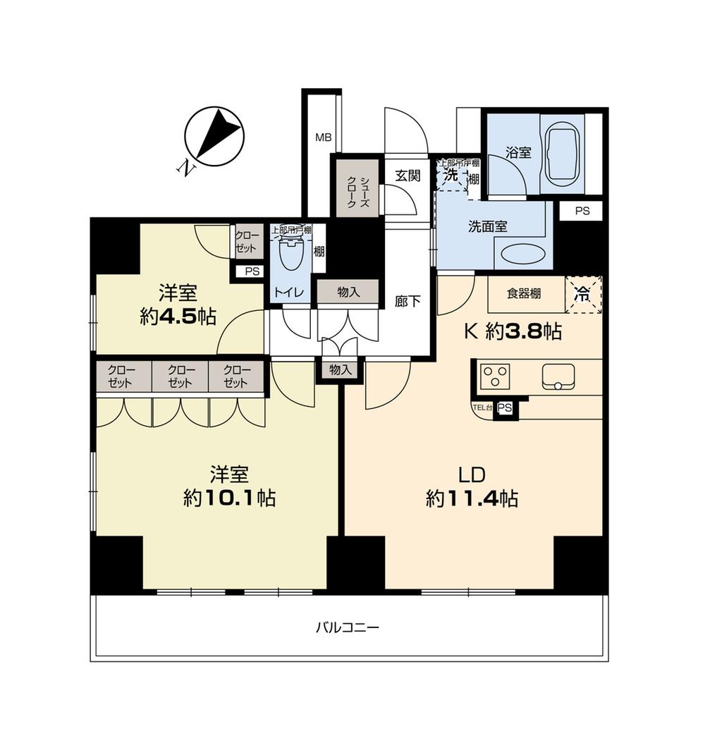 Floor plan. 2LDK, Price 58,800,000 yen, Occupied area 69.87 sq m , Balcony area 12.41 sq m