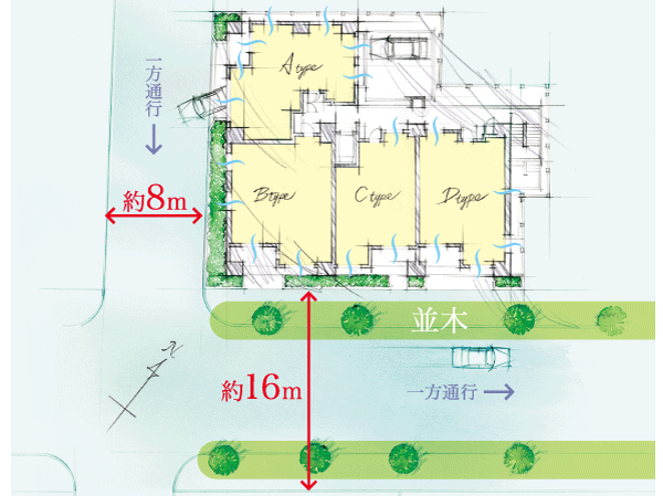 Shared facilities.  [Location to achieve an open living spaces] The plan is to position, Southwest angle location went to one back from the main street. Not only the southeast, A large number of corner dwelling unit has designed. Also, Tree-lined streets of the southeast side while wide that a width of about 16m-way. You can feel the relaxed and green of moisture. (Rich conceptual diagram)