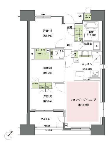 D-type basic plan 3LDK + WIC + SC + TR occupied area: 70.35 sq m (trunk room area including 0.52 sq m) balcony area: 5.78 sq m