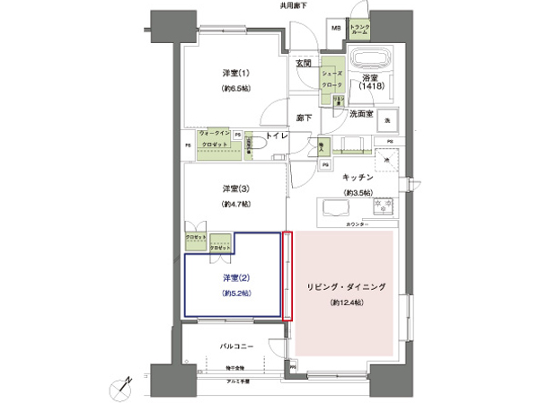 D-type menu plan [Menu 2] 3LDK + WIC + SC + TR occupied area: 70.35 sq m (trunk room including area 0.52 sq m) balcony area: 5.78 sq m  ※ Menu plan is free of charge ・ For more information there is the application deadline, please contact the clerk