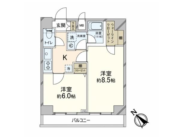 Floor plan. 2K, Price 38,500,000 yen, Occupied area 41.27 sq m , Balcony area 5.72 sq m