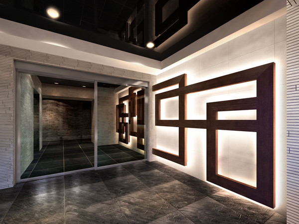 Buildings and facilities. In the entrance hall, Wooden handle of Wall lights create a rhythm to the interior. By soft light is being reflected into a mirror ceiling, It wraps the entire space in the pattern of modern sum.  (Entrance Hall Rendering CG)