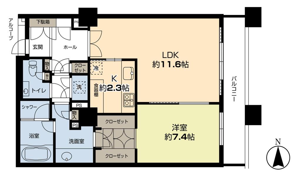 Floor plan. 1LDK, Price 39,800,000 yen, Occupied area 60.28 sq m , Balcony area 7.26 sq m