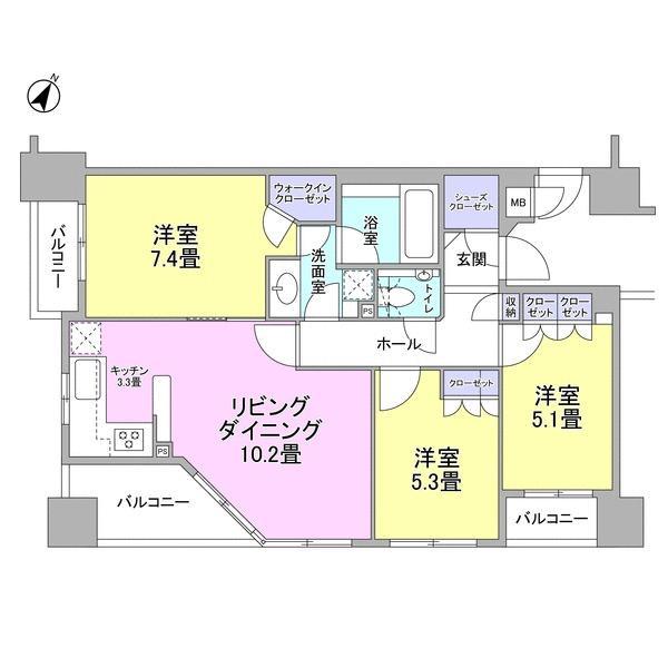 Floor plan. 3LDK, Price 51,800,000 yen, Occupied area 71.75 sq m , Balcony area 10.72 sq m