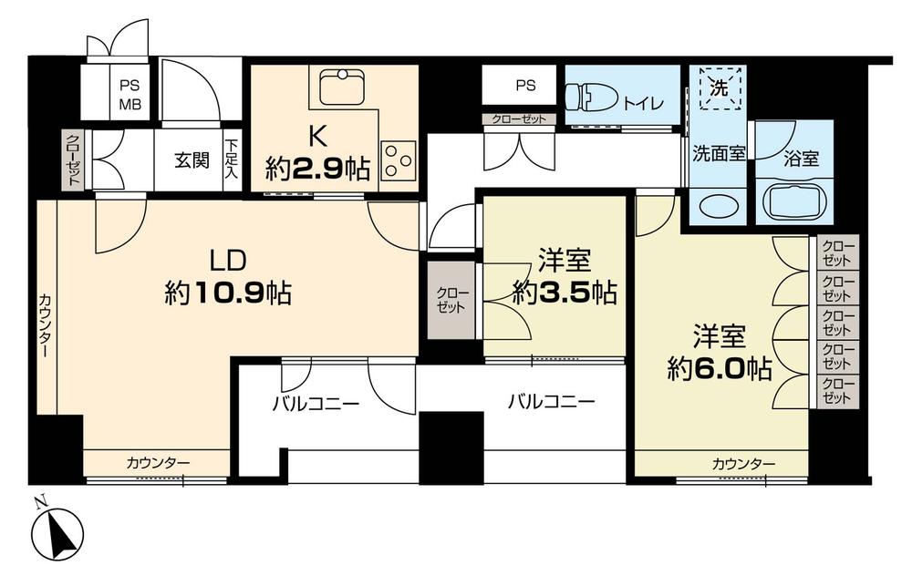Floor plan. 2LDK, Price 44,800,000 yen, Occupied area 66.21 sq m , Balcony area 8.63 sq m