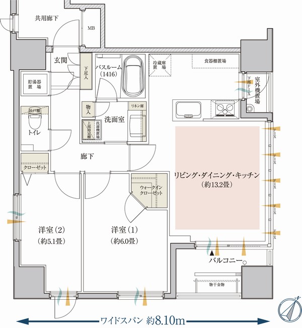  ◆ B type ・ 2LDK Occupied area / 56.84 sq m  Balcony area / 4.96 sq m outdoor unit yard area / 1.78 sq m