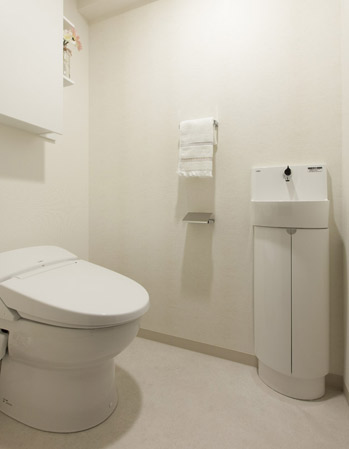 Toilet.  [Toilet carefully design the cleanliness] Firm can flow with less water, Water-saving toilets. To produce a neat sanitary in tankless. Also, Simple installation and stylish hand wash basin is in the toilet. This is useful, such as the time of visitor.