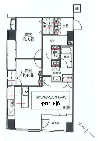 Floor plan. 2LDK, Price 55 million yen, Occupied area 60.72 sq m , Balcony area 8.94 sq m