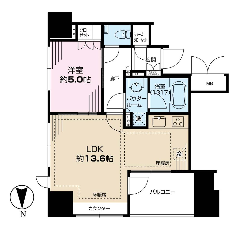Floor plan. 1LDK, Price 36,800,000 yen, Occupied area 45.05 sq m , Balcony area 5.86 sq m