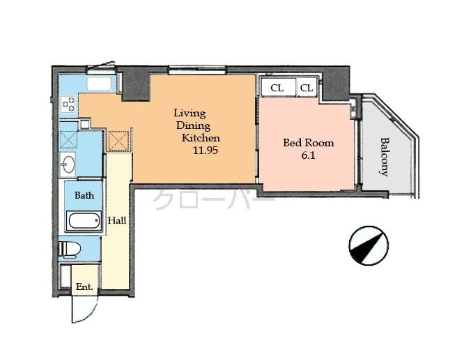 Floor plan. 1LDK, Price 34,300,000 yen, Occupied area 43.97 sq m , Balcony area 4.79 sq m