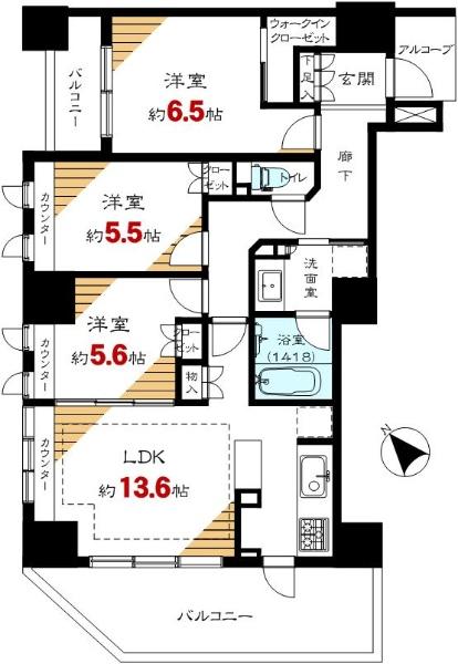 Floor plan. 3LDK, Price 55,800,000 yen, Occupied area 73.12 sq m , Balcony area 16.05 sq m