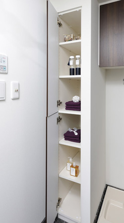 Bathing-wash room.  [Linen cabinet] Convenient linen warehouse for storage of towels and laundry supplies. It maintains the integrity of the organized space.