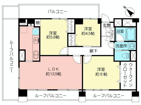 Floor plan. 3LDK, Price 44,800,000 yen, Occupied area 80.39 sq m , Balcony area 35.55 sq m Floor