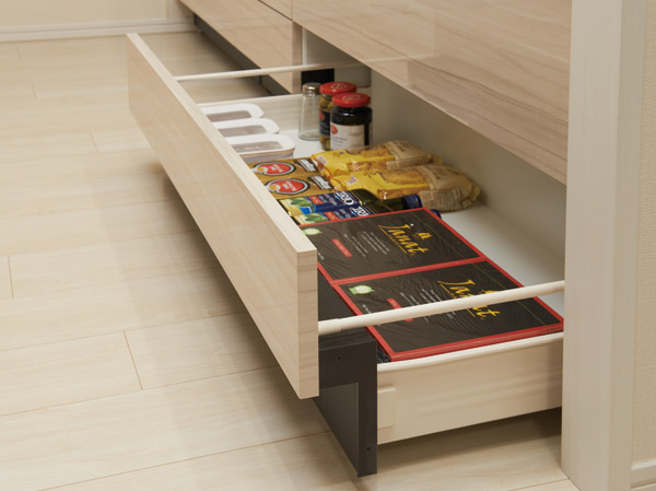 Kitchen.  [All pull-out kitchen storage] Container type of slide kitchen storage can be stored up to skirting part. You will receive an eye as far as it will go, This is useful when and storage to take out such as cookware.