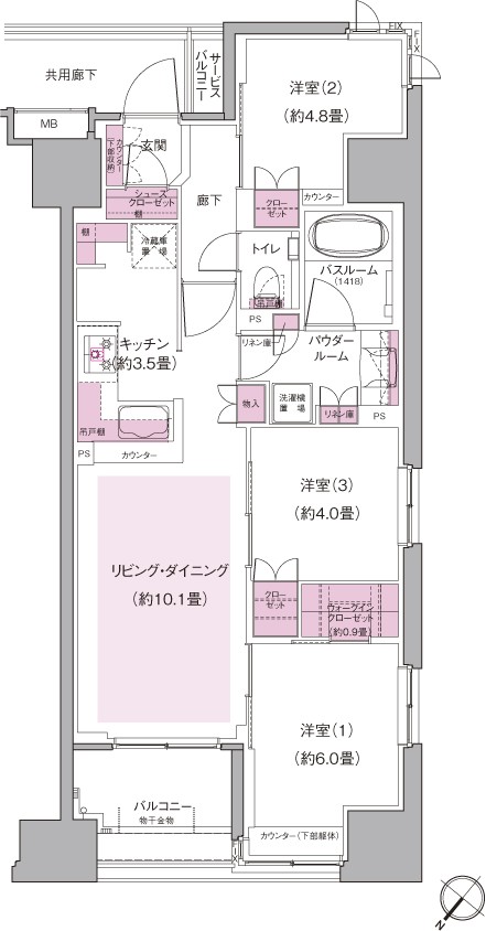 C type ・ 3LDK + WIC + shoes closet price / 50,250,000 yen occupied area / 64.55 sq m  Balcony area / 5.22 sq m service balcony area / 0.92 sq m