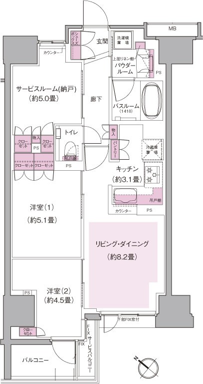 C type ・ 3LDK + WIC + shoes closet price / 50,250,000 yen occupied area / 64.55 sq m  Balcony area / 5.22 sq m service balcony area / 0.92 sq m