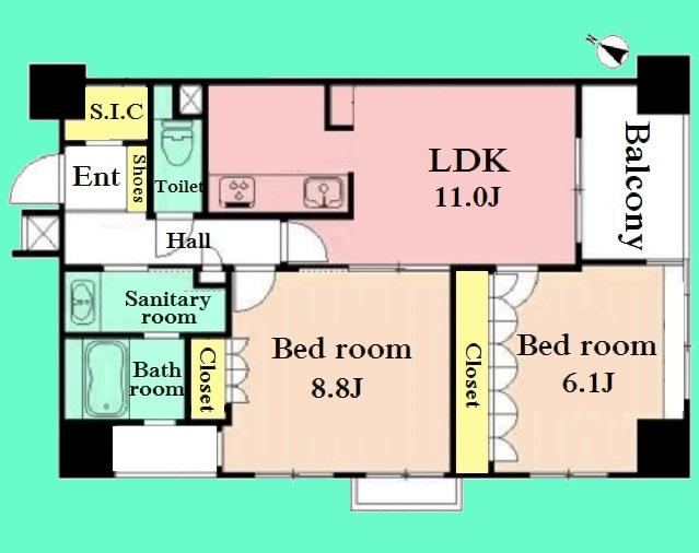 Floor plan. 2LDK, Price 45,800,000 yen, Occupied area 60.77 sq m , Balcony area 5.4 sq m