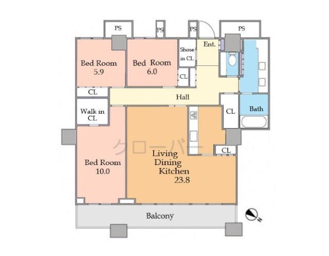 Floor plan. 3LDK, Price 100 million 9.5 million yen, Footprint 112.93 sq m , Balcony area 14.24 sq m