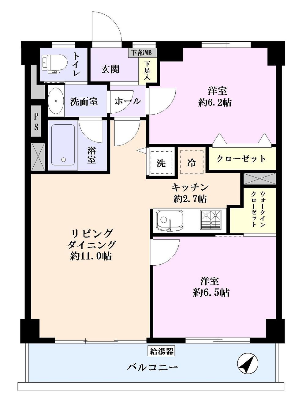Floor plan. 2LDK, Price 32,800,000 yen, Footprint 57.6 sq m , Balcony area 8.64 sq m