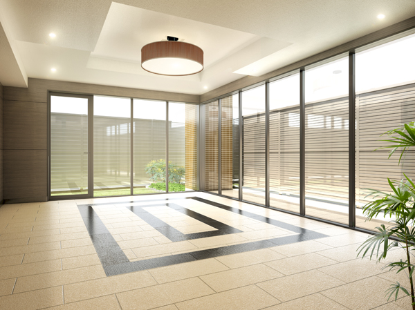 Buildings and facilities. Entrance Hall of sunshine filtering through foliage invites gently. (Entrance Hall Rendering)