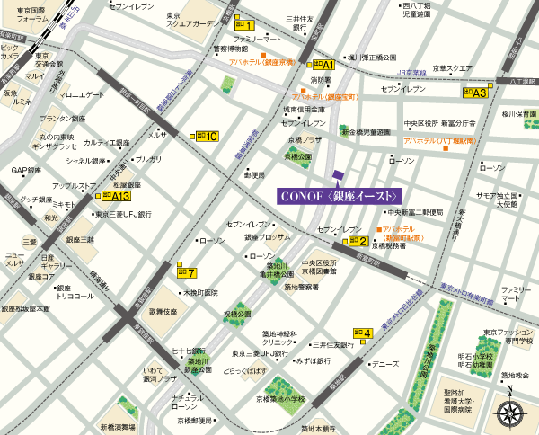 Surrounding environment. Within a 10-minute walk of Printemps Ginza and Mitsukoshi Ginza store is. Enhancement also public institutions that support the daily life. (Local guide map)