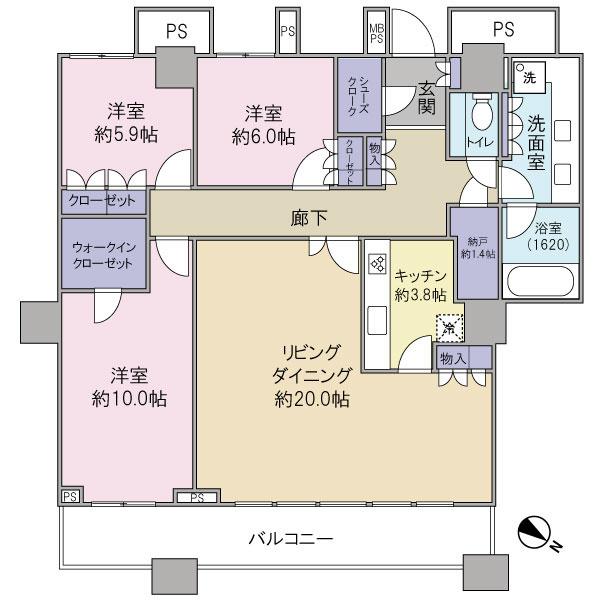 Floor plan. 3LDK, Price 100 million 9.5 million yen, Footprint 112.93 sq m , Balcony area 14.24 sq m 112.93 sq m