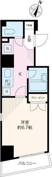Floor plan. 1K, Price 18.5 million yen, Occupied area 24.07 sq m , Balcony area 3.15 sq m