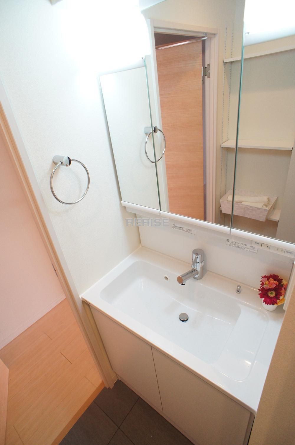 Wash basin, toilet. Vanity with a shower head