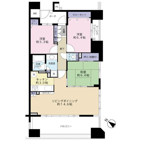 Floor plan. 3LDK, Price 62,800,000 yen, Occupied area 77.29 sq m , Balcony area 14.8 sq m