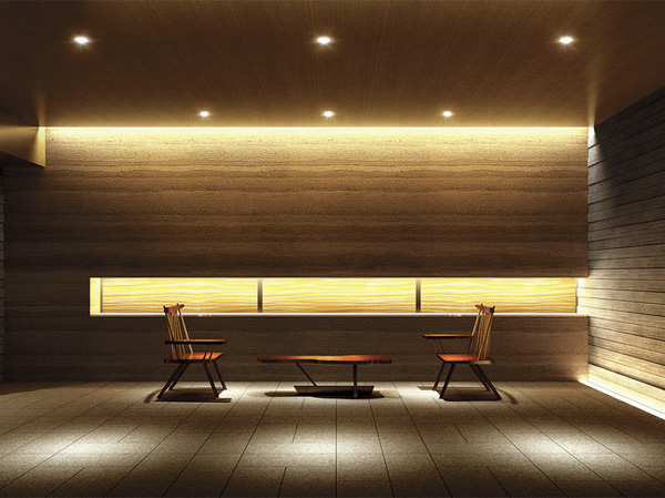 Buildings and facilities. The wall surface of the front is decorated with diatomaceous earth, Production of light you feel the warmth. Its around finish exposed concrete grain of cedar plate emerges. Creating a unique feeling of air resonance of different materials is. (Entrance Hall Rendering)