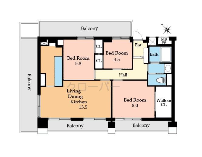 Floor plan. 3LDK, Price 44,800,000 yen, Occupied area 80.39 sq m , Balcony area 35.55 sq m