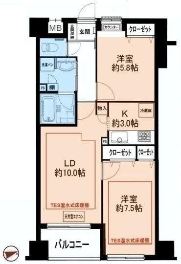 Floor plan. 2LDK, Price 39,800,000 yen, Occupied area 58.47 sq m , Balcony area 4.57 sq m