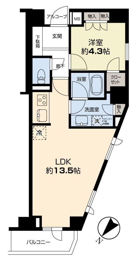 Floor plan. 1LDK, Price 34,700,000 yen, Occupied area 44.62 sq m , Balcony area 3.47 sq m