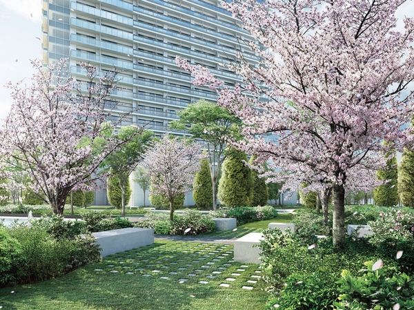 "Spring of the Bosque" Rendering (T). Beginning in the spring cherry, Planted 栽計 image has been adopted to feel the spring, summer, fall and winter on site. Lush greenery and cool water Jing will spread to the tower foot