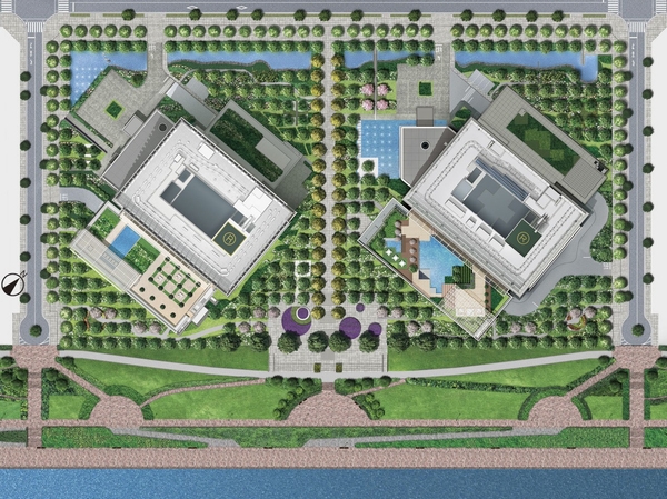 Site placement Rendering. Chrono Residence is left of the building, The right of the building is tear Russia Residence. Trees neatly planted in a grid at intervals of about 6m, Beautiful is like a Western garden