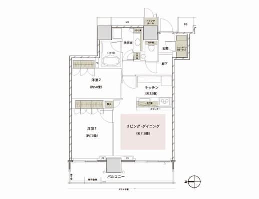 60T type (Chrono Residence) / 2LDK + SIC occupied area: 67.18 sq m (in the occupied area includes a trunk room area 0.65 sq m) Balcony area: 11.98 sq m