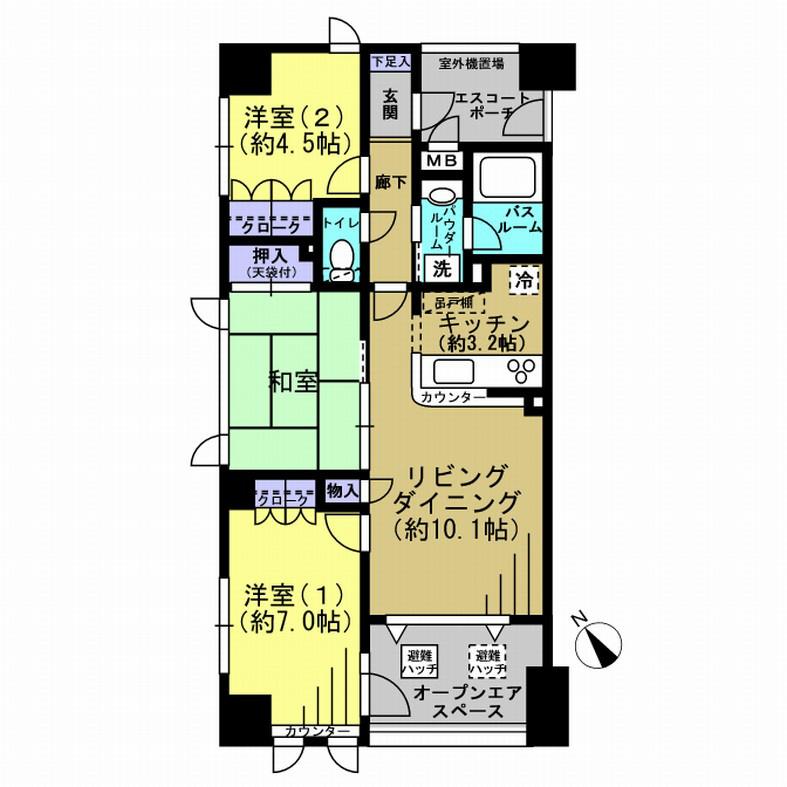 Floor plan. 3LDK, Price 42,800,000 yen, Occupied area 65.01 sq m , Balcony area 6.64 sq m