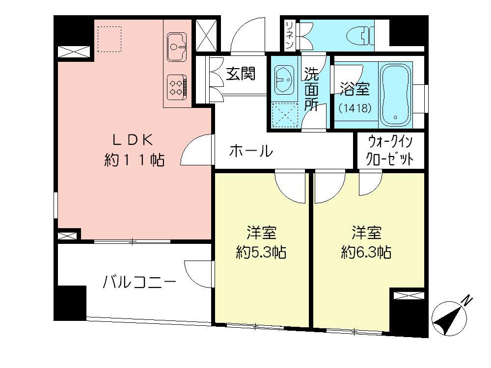 Floor plan. 2LDK, Price 43,800,000 yen, Occupied area 55.46 sq m , Balcony area 6.97 sq m