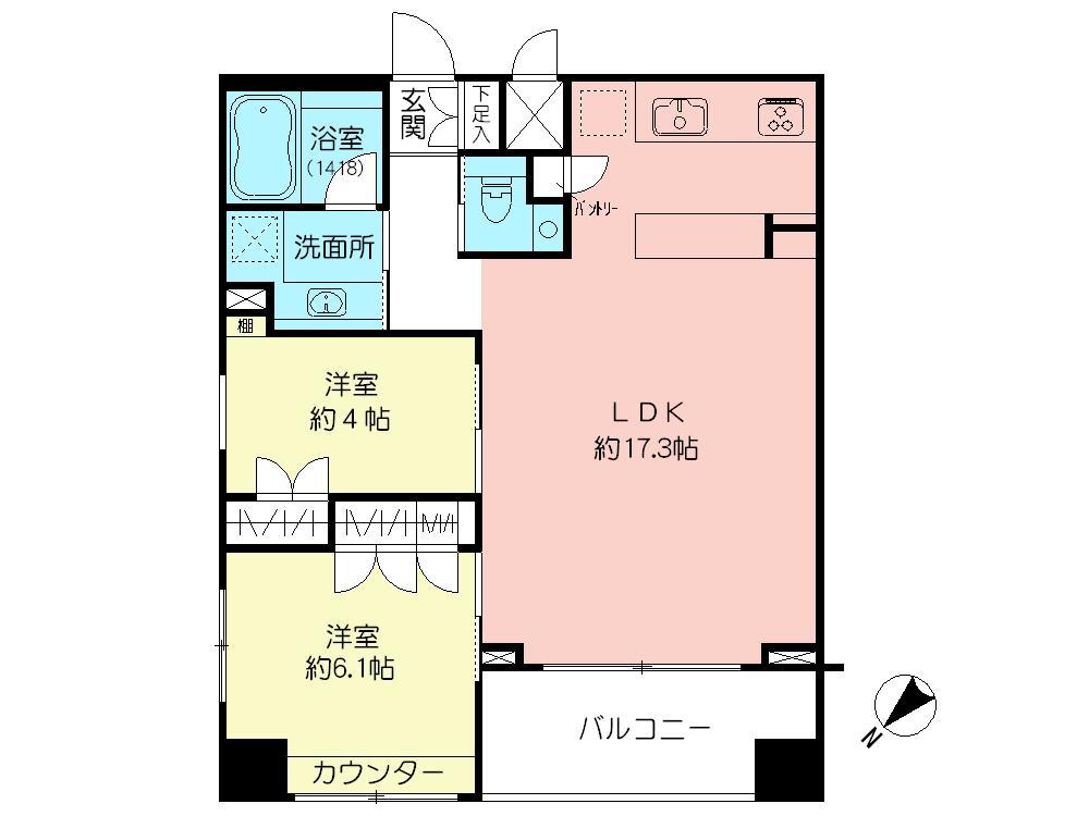 Floor plan. 2LDK, Price 38,300,000 yen, Occupied area 59.66 sq m , Balcony area 6.64 sq m