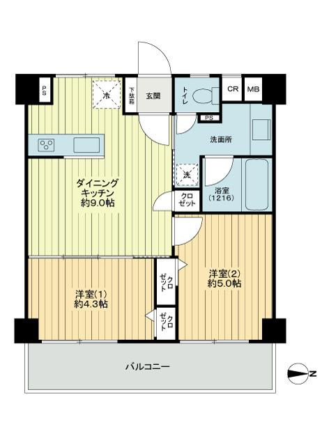 Floor plan. 2DK, Price 24,800,000 yen, Occupied area 42.88 sq m , Balcony area 7.68 sq m 2DK